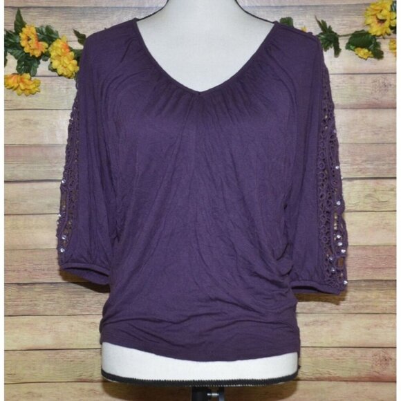 INC Macy's Petites Ladies Deep Purple 3/4 Embellished Sleeves Blouse Top Size PM - Picture 1 of 9